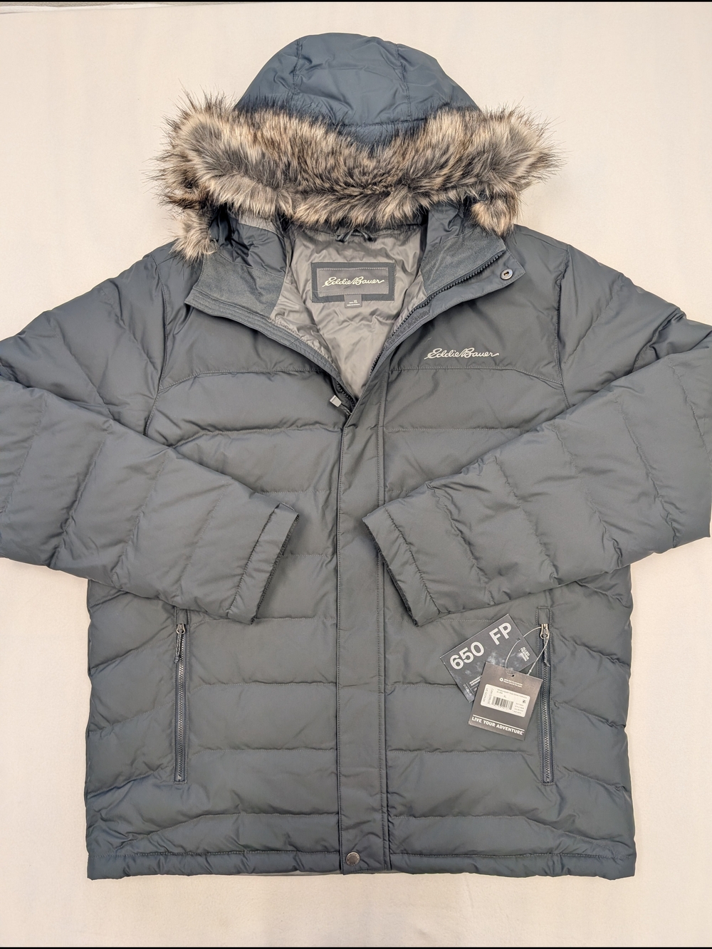 Eddie Bauer Men's Slate Gray Down Puffer Jacket with Faux Fur Trim Hood